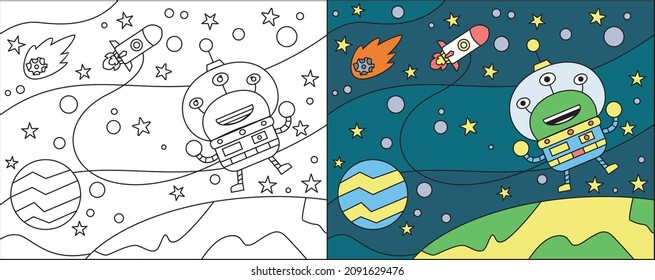 Página de coloreado del extranjero en el espacio adecuado para los niños 