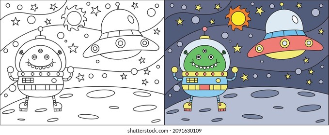 Coloring page of alien on space suitable for kids 