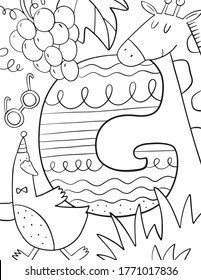 Coloring page Alphabet for kids with cute characters in doodle style. ABC coloring page - letter G