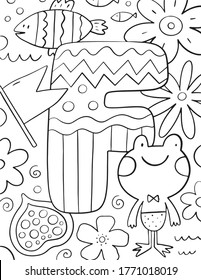 Coloring page Alphabet for kids with cute characters in doodle style. ABC coloring page - letter F