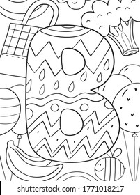Coloring page Alphabet for kids with cute characters in doodle style. ABC coloring page - letter B