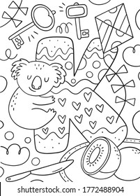 Coloring page Alphabet for kids with cute characters in doodle style. ABC coloring page - letter K