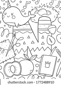 Coloring page Alphabet for kids with cute characters in doodle style. ABC coloring page - letter N