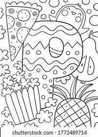 Coloring page Alphabet for kids with cute characters in doodle style. ABC coloring page - letter P