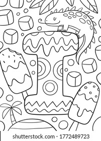Coloring page Alphabet for kids with cute characters in doodle style. ABC coloring page - letter I