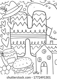 Coloring page Alphabet for kids with cute characters in doodle style. ABC coloring page - letter H