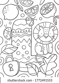 Coloring page Alphabet for kids with cute characters in doodle style. ABC coloring page - Letter L