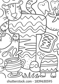 Coloring page Alphabet for kids with cute characters in doodle style. ABC coloring page - letter T