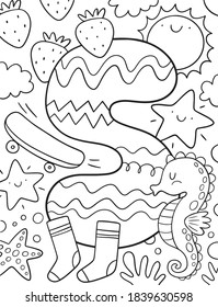 Coloring page Alphabet for kids with cute characters in doodle style. ABC coloring page - letter S