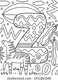 Coloring page Alphabet for kids with cute characters in doodle style. ABC coloring page - letter Z