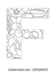 Coloring page Alphabet for kids with cute characters in doodle style. ABC coloring page - letter F