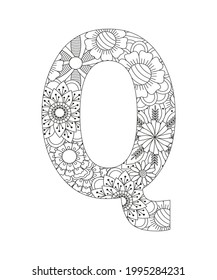 Coloring page Alphabet for kids with cute characters in doodle style. ABC coloring page - letter Q