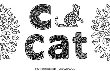 Coloring page alphabet letter C with word and cat cartoon mandala design