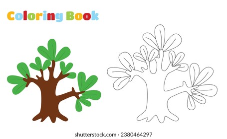 Coloring page. Amazing fantastic plant. Strong trunk and large leaves in a cartoon style.