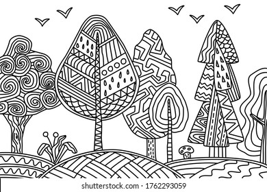 Coloring page with amazing forest. Vector illustration. Antistress, meditation for kids and adults