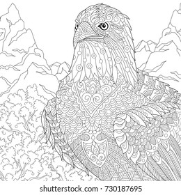 Coloring Page Of American Bald Eagle - National Symbol Of The USA. Freehand Sketch Drawing For Adult Antistress Coloring Book In Zentangle Style With Doodle Elements.