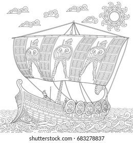 Coloring page. Ancient galley war ship. Freehand sketch drawing for adult antistress colouring book in zentangle style.