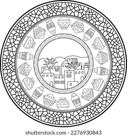 Coloring page of ancient middle east city. Mosaic frame mandala, decorative element