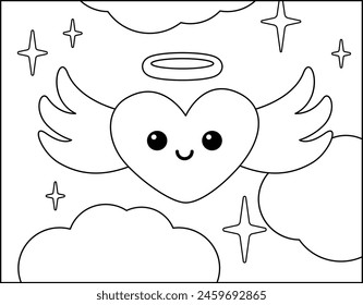 Coloring page. Angel heart in the sky. Black and white flying heart. Color me. Isolated vector illustration eps 10
