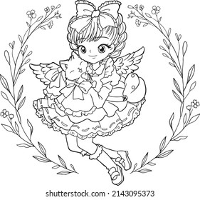 Coloring page angel kawaii style cute anime cartoon drawing illustration vector