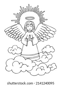 Coloring page of an angel praying for peace. Holy guardian angel in heaven. Hand drawn vector line art illustration. Coloring book for children and adults. Black and white sketch.