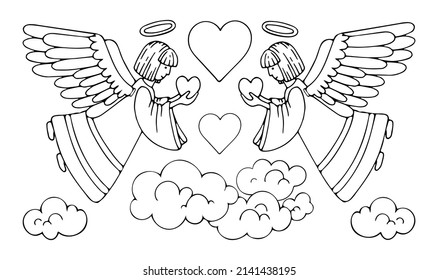 Coloring page angels give peace and love. Holy guardian angel in heaven. Hand drawn vector line art illustration. Coloring book for children and adults. Black and white sketch.