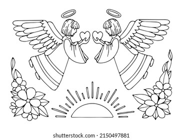 Coloring page angels give peace and love. Holy guardian angel in heaven. Hand drawn vector line art illustration. Coloring book for children and adults. Black and white sketch.