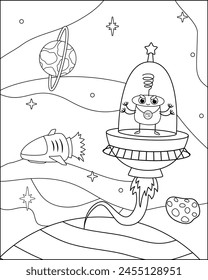 Dibujo para colorear. Alienígena enojado en la nave espacial. Espacio en blanco y negro. Coloréame. Ilustración vectorial aislada eps 10