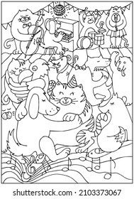 Coloring page. Animal dancing at party. Colouring book. Sketch vector illustration.