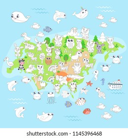 Coloring page with animal map of Eurasia for kids.