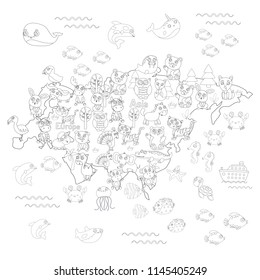 Coloring page with animal map of Eurasia for kids.