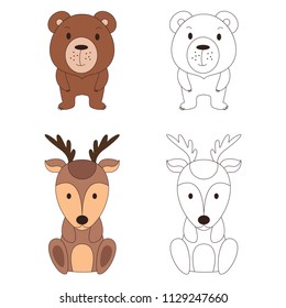 Coloring page with animal. Wild deer and bear in color and outline. Vector illustration