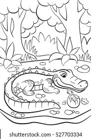 Coloring page. Animals. Mother alligator looks at her little cute baby alligator in the egg.
