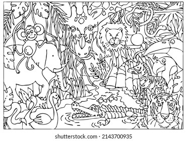 Coloring page with Animals of rainforest and jungle. Wild animals between tropical plant. Landscape. Coloring book for kids or adult. Worksheet. Sketch vector illustration