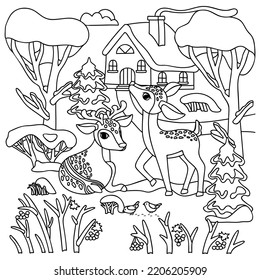 Coloring Page Animalsforest Landscape House Couple Stock Vector ...