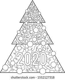 Coloring page anti stress. Christmas Tree with balls and garland. Detailed coloring book. 2020. Happy New Year. Coloring pages for adults and children. 