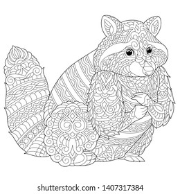 Coloring page. Anti stress colouring picture with raccoon. Freehand sketch drawing with doodle and zentangle elements.