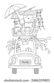 Coloring Page Anti-Stress For Adults And Children Features Tourism - A Car With A Fridge, Boat, Suitcase, And Kettle On The Roof