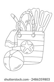 Coloring Page, Anti-Stress Coloring For Adults And Children, Tourism - Beach Bag, Fins, Ball, Are All Elements Of My Image