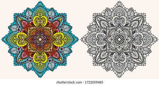 Coloring page. Antistress coloring book for adults. Mandala. Outline drawing and coloring example