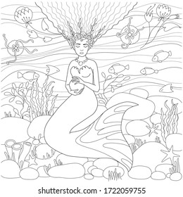 Coloring page. Antistress coloring book for adults Hand drawn mermaid, contour drawing.