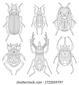 Coloring page. Antistress coloring book for adults  beetles set
