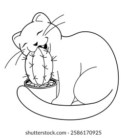 Coloring page. Antistress page. The cat is eating a plant in a flowerpot. Funny and cozy vector illustration.