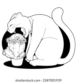 Coloring page. Antistress page. The cat is eating a plant in a flowerpot. Funny and cozy vector illustration.