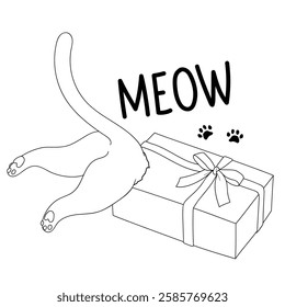 Coloring page. Antistress page. Cat plays with a box. Funny and cozy vector illustration.