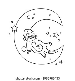 Coloring page antistress. A cute otter sleeps on the moon isolated on a white background. Vector illustration for art therapy, antistress coloring book for adults and children.