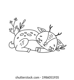 Coloring page antistress. A cute sleeping baby deer isolated on a white background. Vector illustration for art therapy, antistress coloring book for adults and children.
