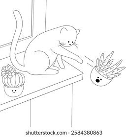 Coloring page. Antistress page. Domestic cat plays pranks at home. Funny and cozy vector illustration.