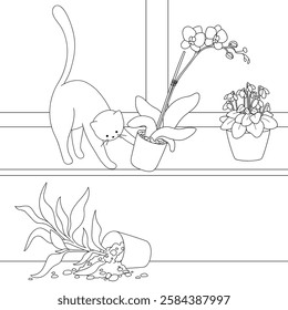 Coloring page. Antistress page. Domestic cat plays pranks at home. Funny and cozy vector illustration.