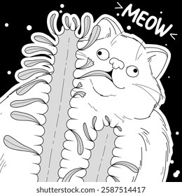 Coloring page. Antistress page. The fat white cat is eating a houseplant. Cozy and funny vector illustration.